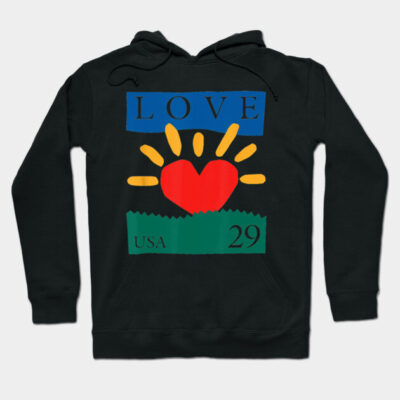Black hoodie with colorful "Love" design, featuring red heart and yellow sunburst, cotton material, casual wear.