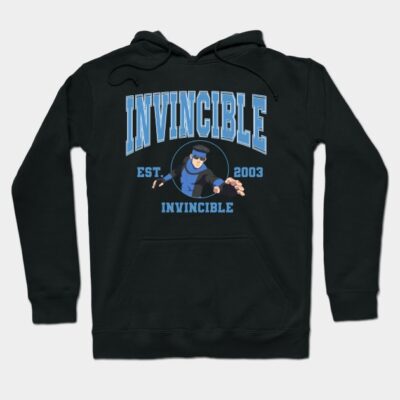 Black hoodie with "Invincible" graphic in blue, featuring a dynamic design. Casual and comfortable cotton blend.