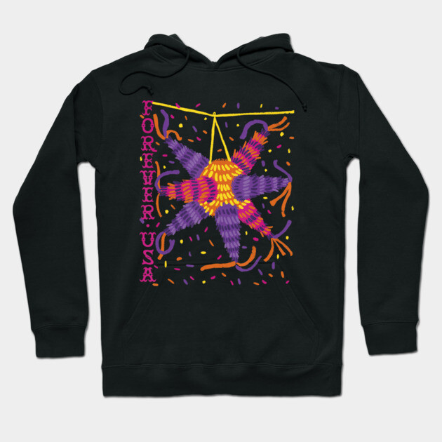 Black hoodie with vibrant piñata graphic design, featuring "Forever USA" text, ideal for casual wear.