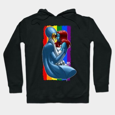 Black hoodie with colorful graphic design, featuring bold rainbow background, ideal for casual wear and self-expression.
