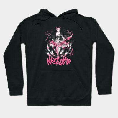 Black anime-themed hoodie with pink graphic design, featuring a character and text "Nezuko," ideal for casual wear.