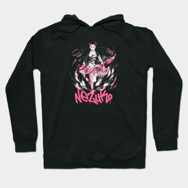 Black anime-themed hoodie with pink graphic design, featuring a character and text "Nezuko," ideal for casual wear.