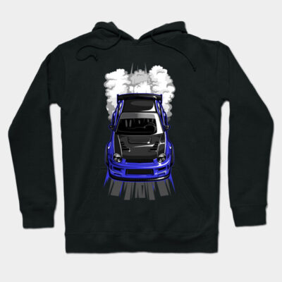 Black hoodie with a blue sports car graphic, ideal for casual wear. Made from soft, durable cotton blend material.
