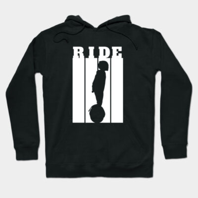 Black hoodie with bold "RIDE" text and silhouette design, cotton material, casual streetwear style.