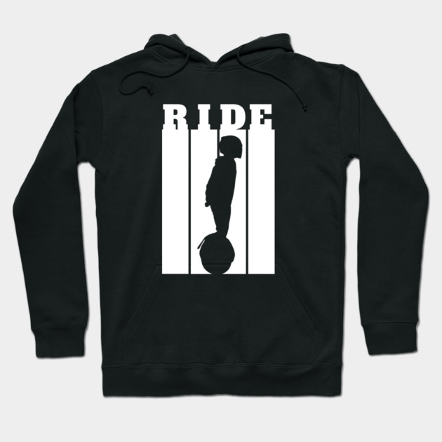 Black hoodie with bold "RIDE" text and silhouette design, cotton material, casual streetwear style.