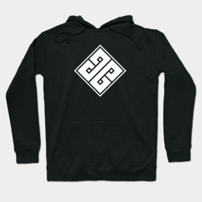 Black hoodie with geometric white design, front pocket, adjustable drawstrings, casual wear, cotton blend material.