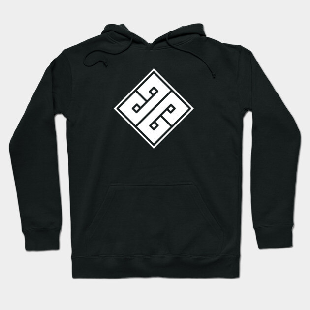 Black hoodie with geometric white design, front pocket, adjustable drawstrings, casual wear, cotton blend material.