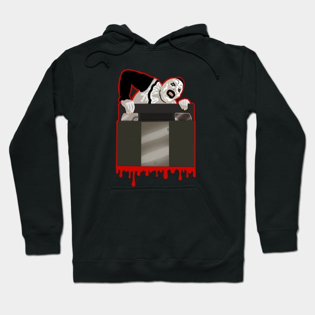 Black horror-themed hoodie with graphic print, featuring a menacing clown design. Ideal for casual wear and Halloween.