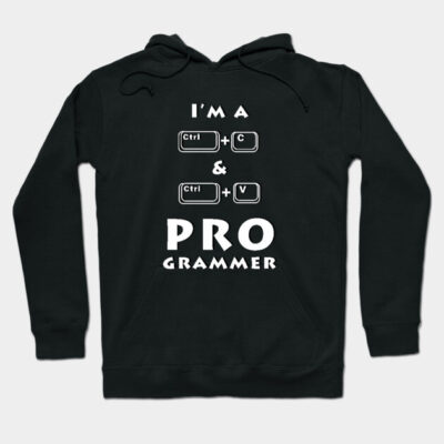 Black cotton hoodie with "I'm a PROgrammer" text design, featuring keyboard shortcuts. Casual wear for tech enthusiasts.