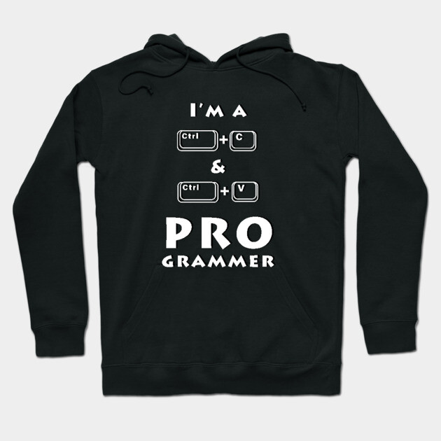 Black cotton hoodie with "I'm a PROgrammer" text design, featuring keyboard shortcuts. Casual wear for tech enthusiasts.
