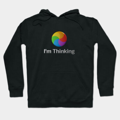 Black hoodie with colorful spinning wheel design and "I'm Thinking" text, casual wear, cotton blend material.
