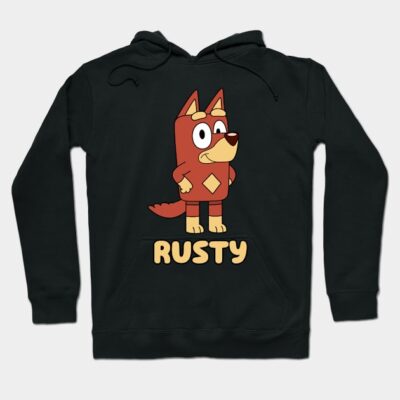 Black hoodie with cartoon dog print and "Rusty" text, featuring a playful design, ideal for casual wear.