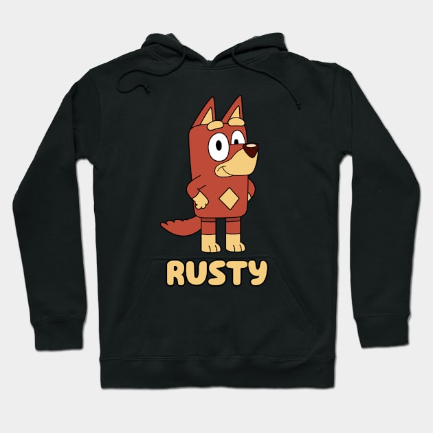 Black hoodie with cartoon dog print and "Rusty" text, featuring a playful design, ideal for casual wear.