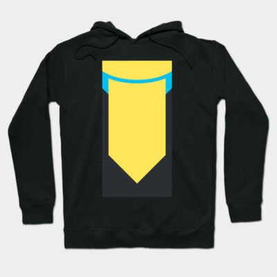 Black hoodie with bold yellow geometric design, featuring a blue accent. Casual style, ideal for everyday wear.