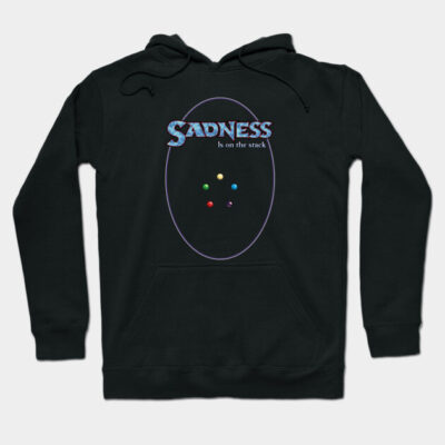 Black hoodie with "Sadness is on the stack" graphic, colorful design, casual wear, cotton blend material.