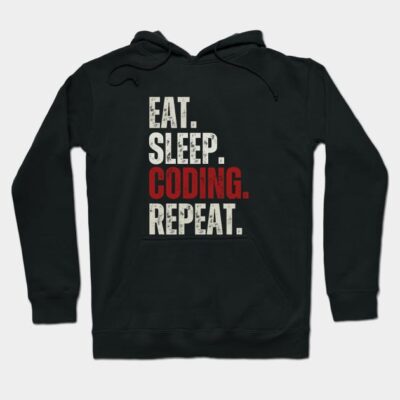 Black hoodie with "Eat. Sleep. Coding. Repeat." text in white and red, perfect for programmers and tech enthusiasts.