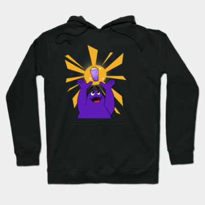 Black hoodie with a colorful cartoon design featuring a purple creature and sunburst, perfect for casual wear.