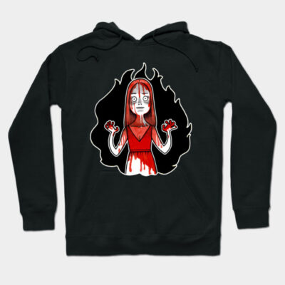 Black hoodie with spooky cartoon design, featuring a haunted theme. Perfect for casual wear and Halloween style.