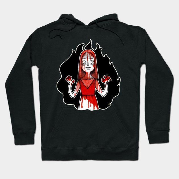 Black hoodie with spooky cartoon design, featuring a haunted theme. Perfect for casual wear and Halloween style.
