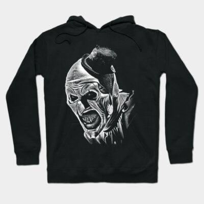 Black hoodie with a spooky clown design, featuring a detailed white graphic. Perfect for casual wear or Halloween events.