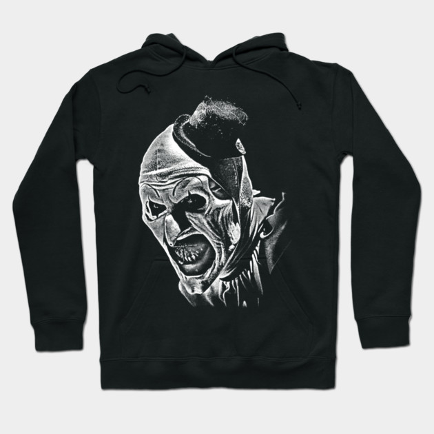 Black hoodie with a spooky clown design, featuring a detailed white graphic. Perfect for casual wear or Halloween events.