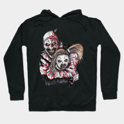 Black graphic hoodie featuring a horror-themed design with colorful, detailed illustrations for casual wear.