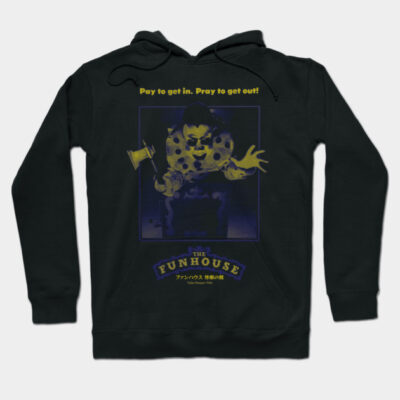 Black "The Funhouse" hoodie featuring spooky graphic, yellow text, and comfortable cotton material. Ideal for casual wear.