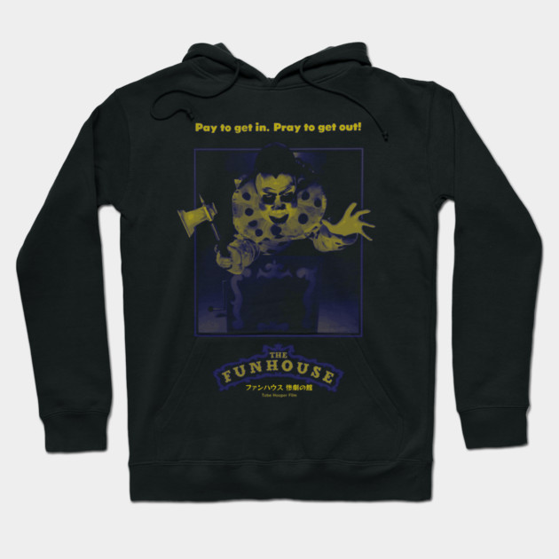 Black "The Funhouse" hoodie featuring spooky graphic, yellow text, and comfortable cotton material. Ideal for casual wear.