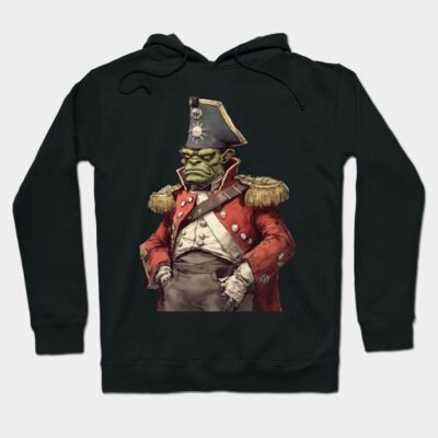 Black hoodie with a military-style green orc print, featuring a red coat and ornate hat. Ideal for casual wear.