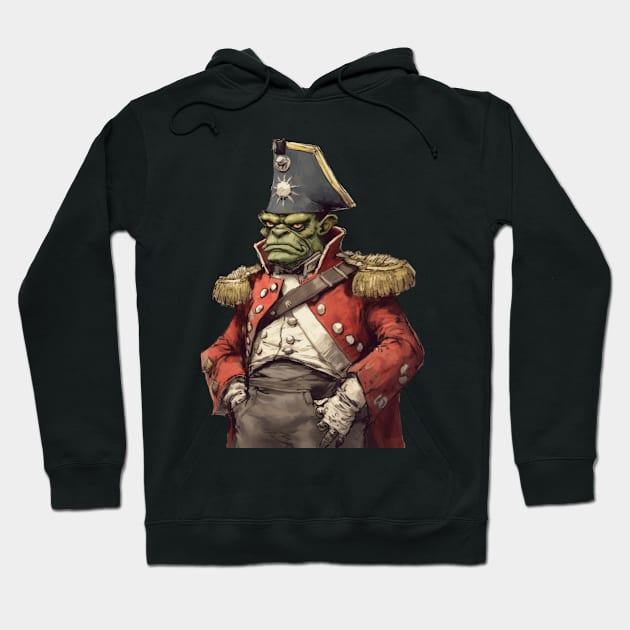 Black hoodie with a military-style green orc print, featuring a red coat and ornate hat. Ideal for casual wear.