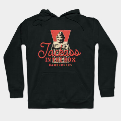 Black hoodie with retro "Jackass in the Box" graphic, featuring red and beige design, casual style, cotton blend material.