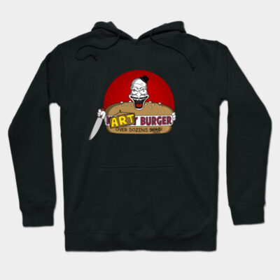 Black hoodie with "Art Burger" graphic design, featuring playful illustration. Ideal for casual wear, cotton blend material.
