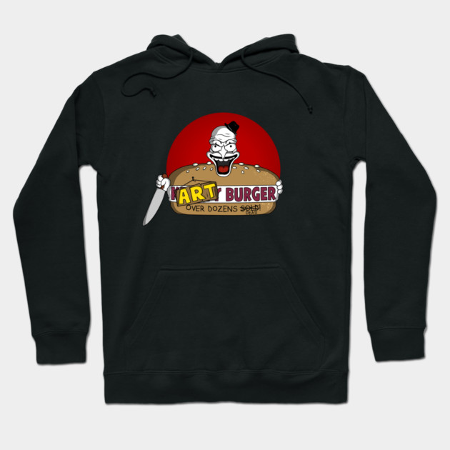 Black hoodie with "Art Burger" graphic design, featuring playful illustration. Ideal for casual wear, cotton blend material.