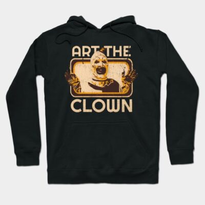 Black hoodie with vintage clown graphic and text, made from soft cotton. Ideal for casual wear and cozy style.