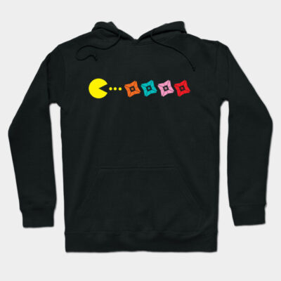 Black hoodie with retro arcade game design, featuring a yellow character and colorful geometric shapes. Cotton material.
