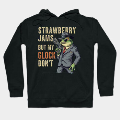 Black hoodie with a quirky frog gangster graphic and humorous text, perfect for casual wear and unique style statements.