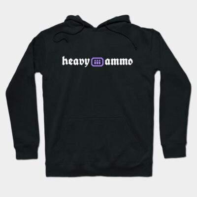 Black hoodie with "heavy ammo" text, casual style, soft material, perfect for everyday wear.