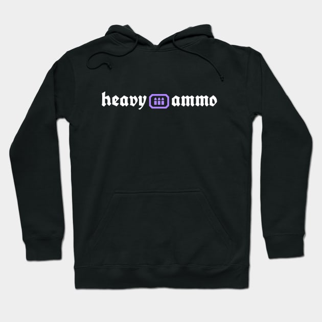 Black hoodie with "heavy ammo" text, casual style, soft material, perfect for everyday wear.