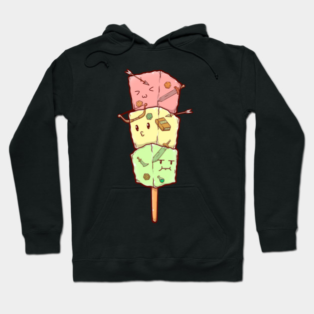 Black hoodie with cute pastel ice cream cartoon design, featuring pink, yellow, and green blocks. Cozy and stylish wear.