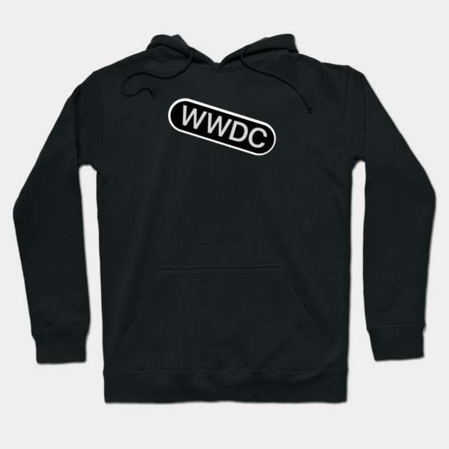 Black hoodie with "WWDC" logo, casual style, soft cotton material, perfect for everyday wear.