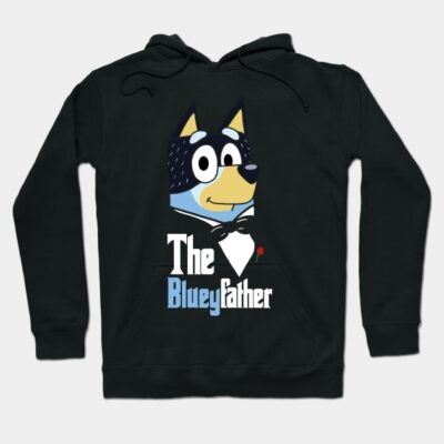 Black hoodie with "The Blueyfather" graphic, featuring a cartoon dog in a tuxedo. Cozy cotton blend casual wear.