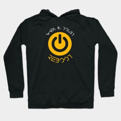 Black hoodie with yellow power symbol and "When in Doubt Reboot" text, casual style, cotton blend, unisex design.