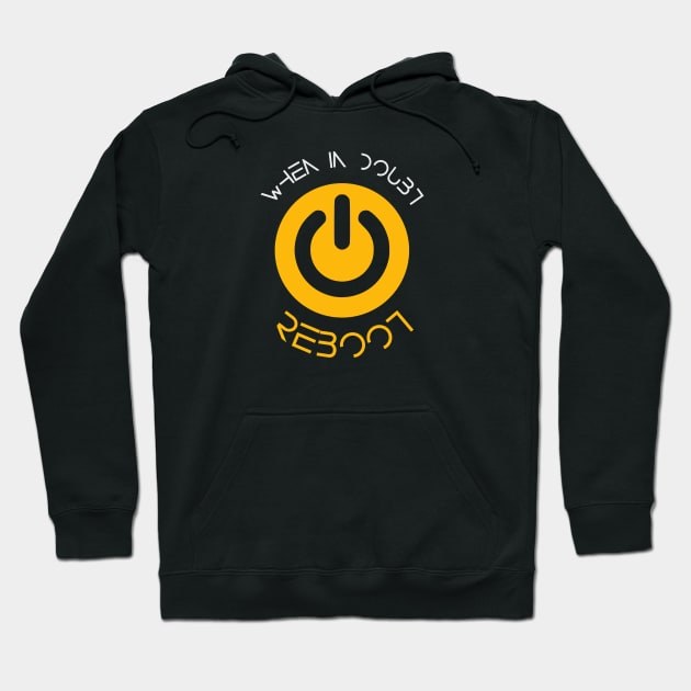 Black hoodie with yellow power symbol and "When in Doubt Reboot" text, casual style, cotton blend, unisex design.