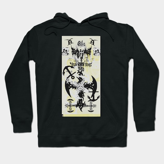 Black hooded sweatshirt with abstract graphic design, featuring bold shapes and intricate patterns, casual streetwear style.