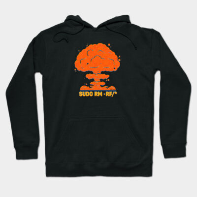 Black hoodie with orange explosion graphic and "SUDO RM -RF/*" text, casual style, cotton blend material.
