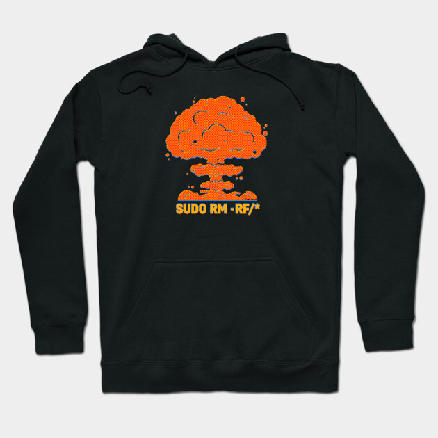 Black hoodie with orange explosion graphic and "SUDO RM -RF/*" text, casual style, cotton blend material.