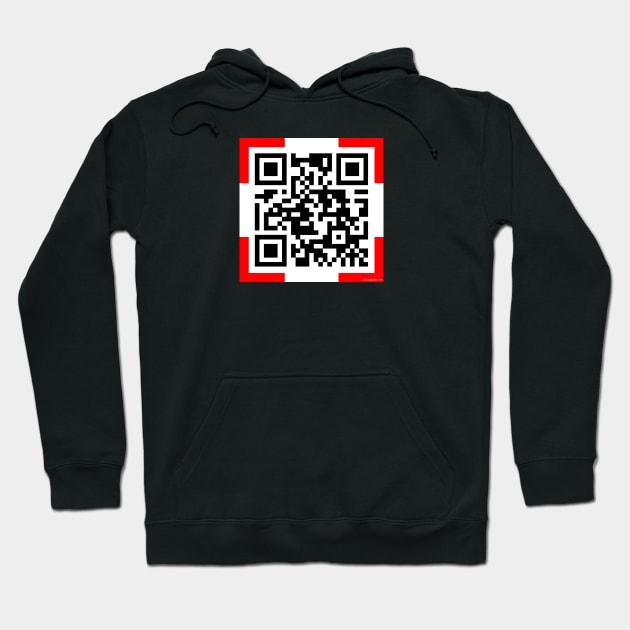 Black hoodie with QR code design on front, casual style, warm material, perfect for everyday wear.