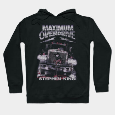 Black "Maximum Overdrive" hoodie with graphic print, cotton material, casual wear, Stephen King design.
