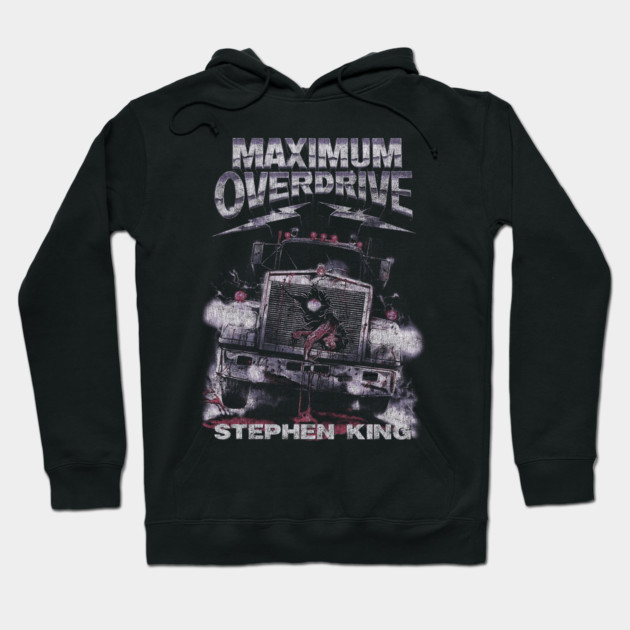 Black "Maximum Overdrive" hoodie with graphic print, cotton material, casual wear, Stephen King design.