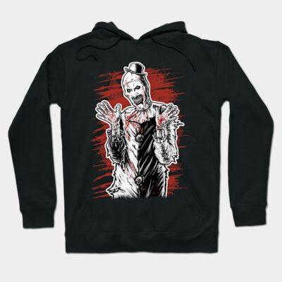Black hoodie with horror-themed graphic design, featuring an eerie clown illustration, perfect for Halloween enthusiasts.